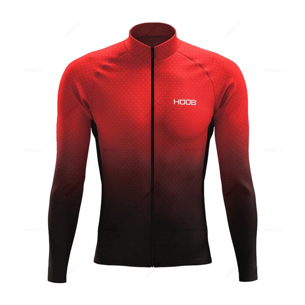 Tidesmit long-sleeve thermal cycling jersey with a red-to-black gradient pattern, high neck, and full-length zipper.