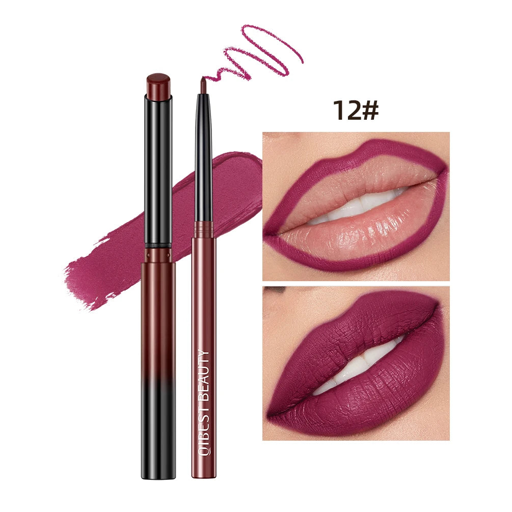 QIBEST matte lipstick and lip liner pencil set in deep berry red, showing swatches and velvet finish application.