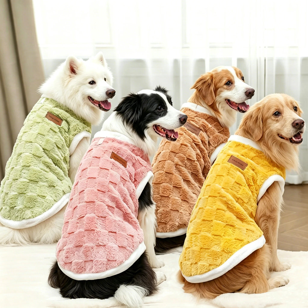 Dogs wearing cozy, warm fleece winter sweater vests in colorful patterns, available in sizes S-8XL for all breeds.