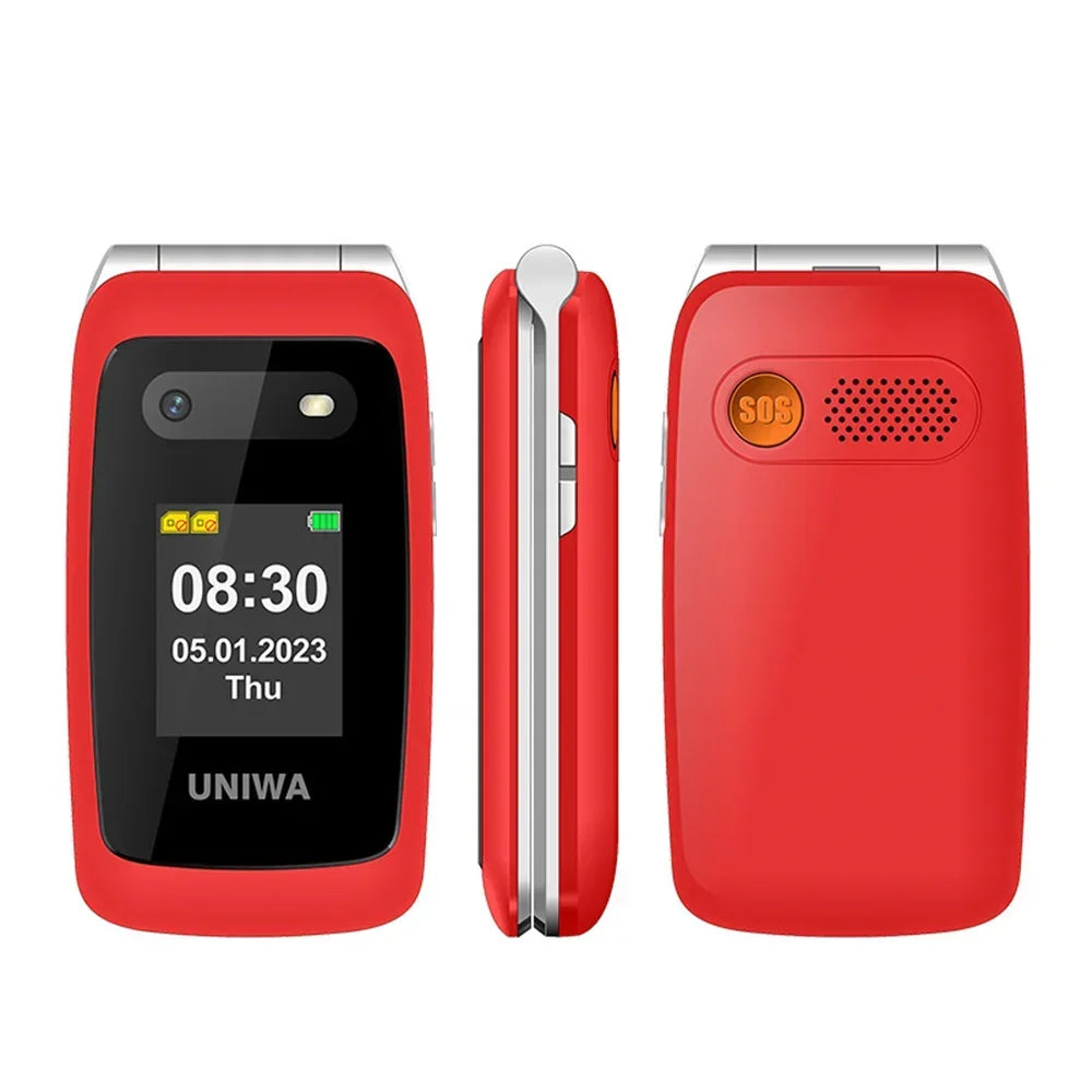 Red UNIWA V202T 4G flip phone for seniors, showing front screen, side profile, and back SOS emergency button.