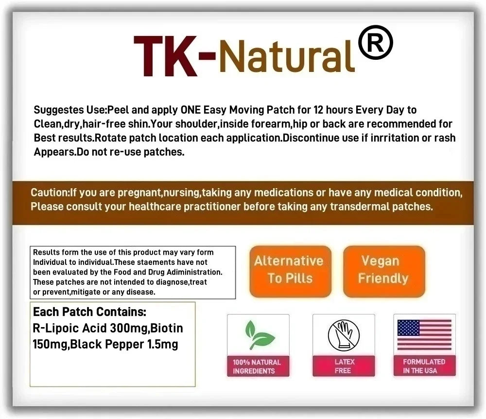 30 Patches R-Lipoic Acid Transdermal Patches with Biotin Antioxidant Support Promotes Energy