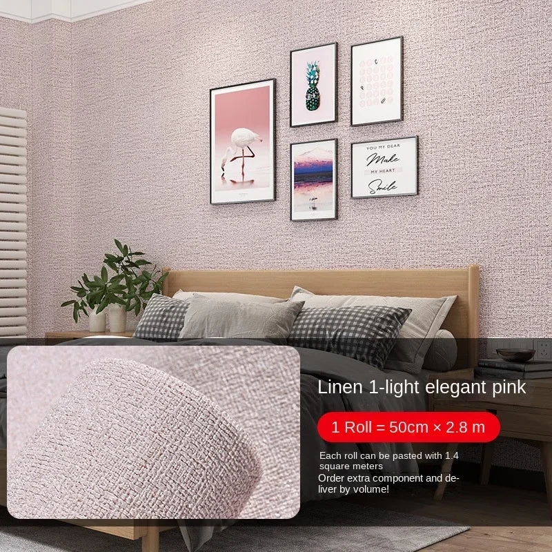 Self-adhesive linen-texture wall panel wallpaper in light elegant pink, with roll close-up