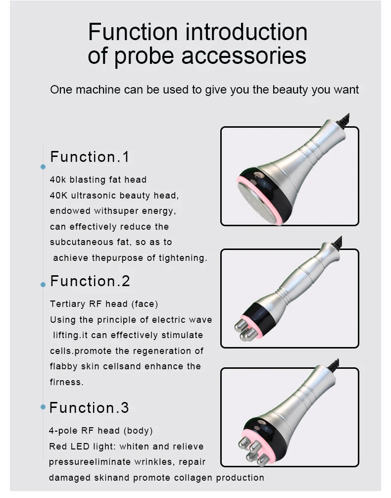 Three silver handheld beauty probes for body and face, featuring different heads for ultrasonic and RF treatments.