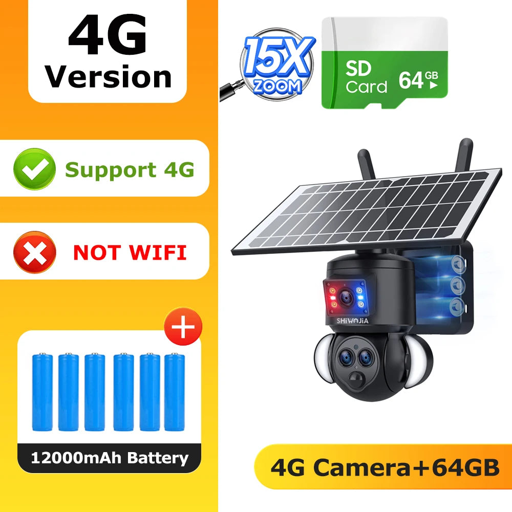 Solar dual-lens PTZ security camera with solar panel, dual lenses, and indicator light.