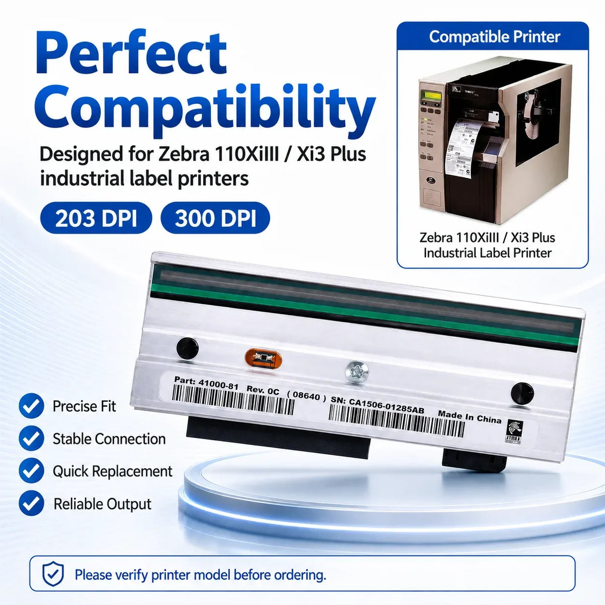Thermal printhead replacement for Zebra 110xi3 with green print bar and fit indicators