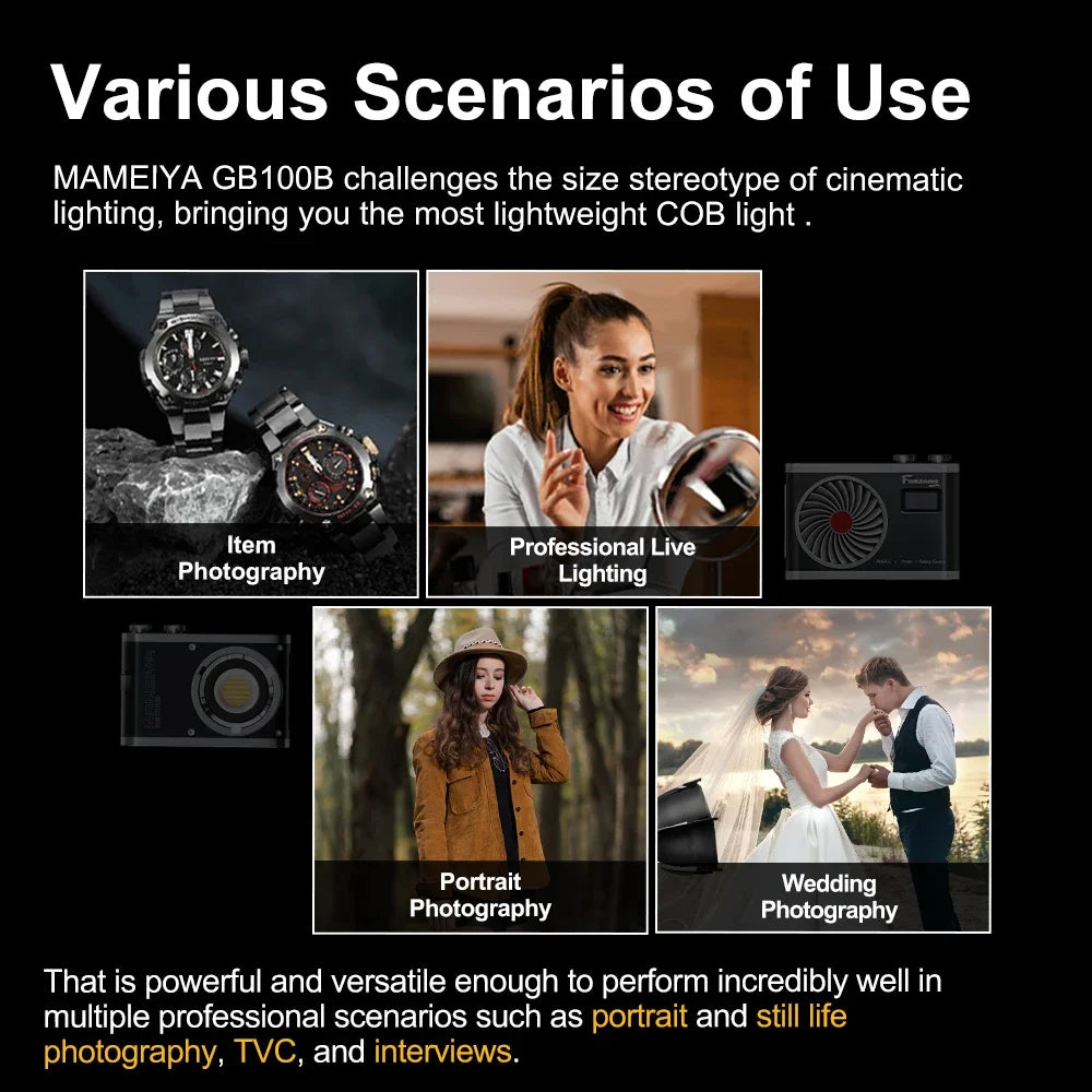 MAMEIYA GB100B compact black COB light used for product, portrait, wedding, and live stream studio photography.