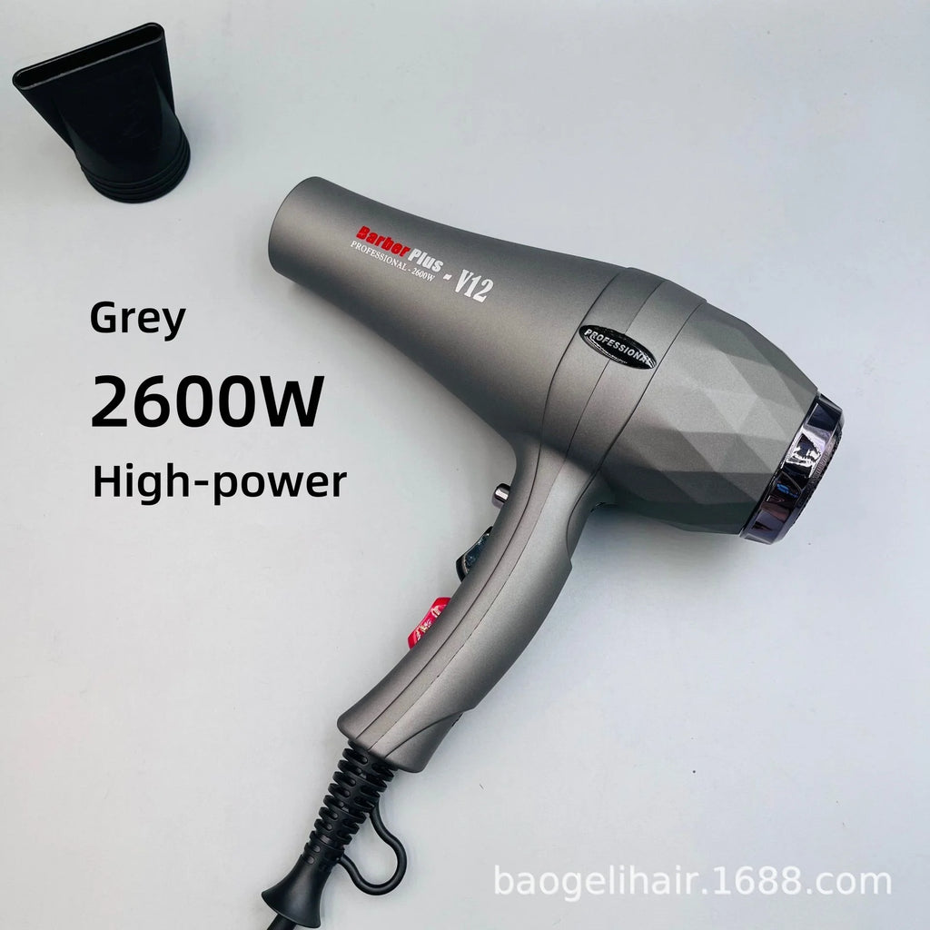 Grey 2600W high-speed salon hair dryer with concentrator nozzle, textured geometric design, and professional settings.