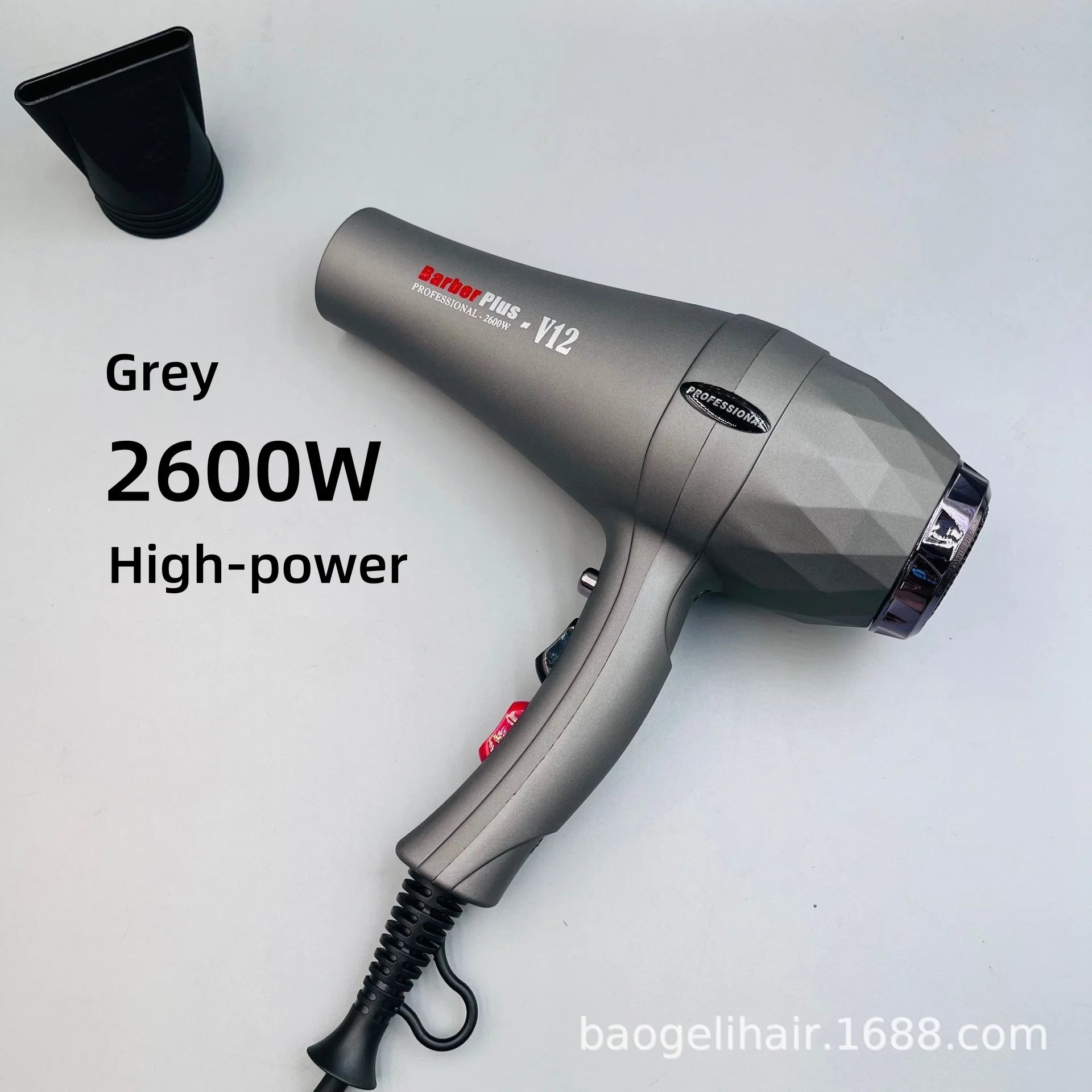 Grey 2600W high-speed salon hair dryer with concentrator nozzle, textured geometric design, and professional settings.