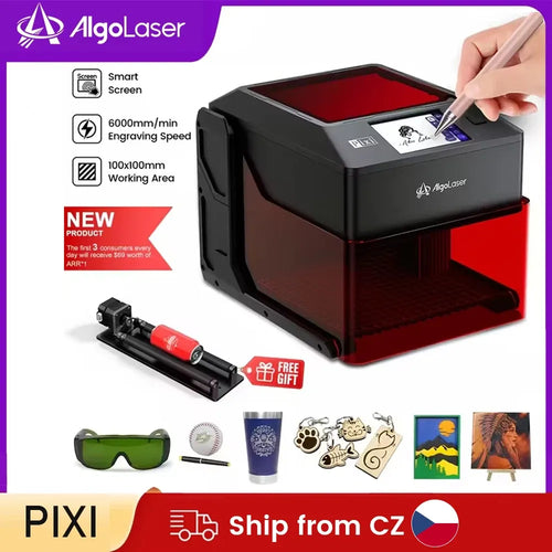 Black and red mini laser engraver with touchscreen and open working area, hand holding pen.