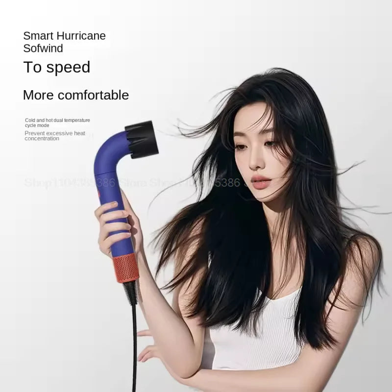 Blue negative ion leafless hair dryer with styling attachment for professional salon-quality hair care at home.