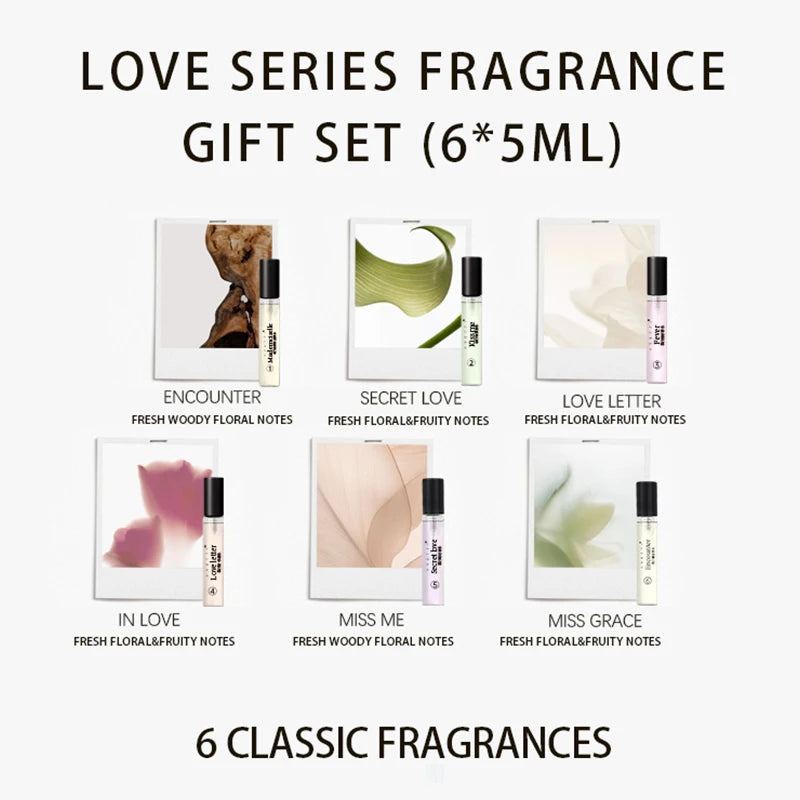 HOPE CHRISTINE Love Series 6pc EDT Gift Set. Slim vials, floral, woody, fruity notes. Long-lasting perfume for women.