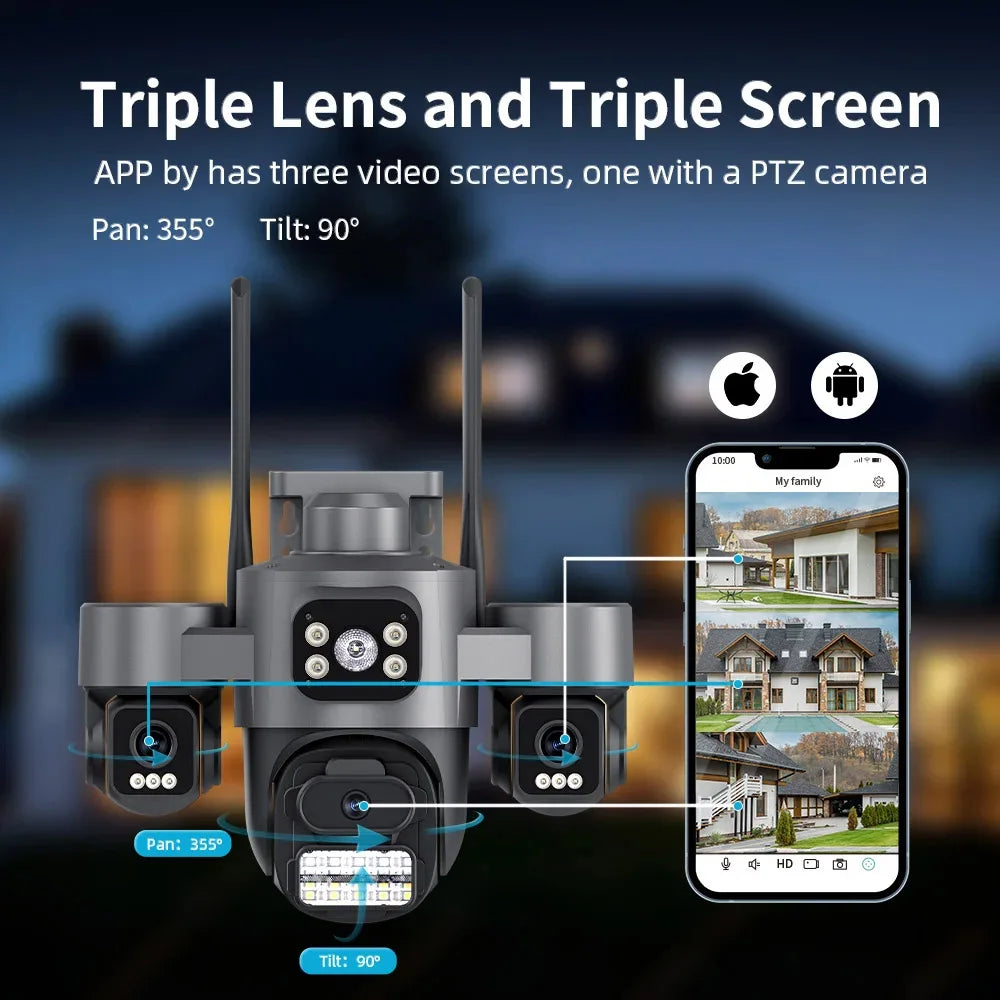 15MP ICSEE Protocol Security Camera 3-HD Screens Auto Tracking Color Night Vision 2-Way Audio Outdoor WiFi CCTV Cam