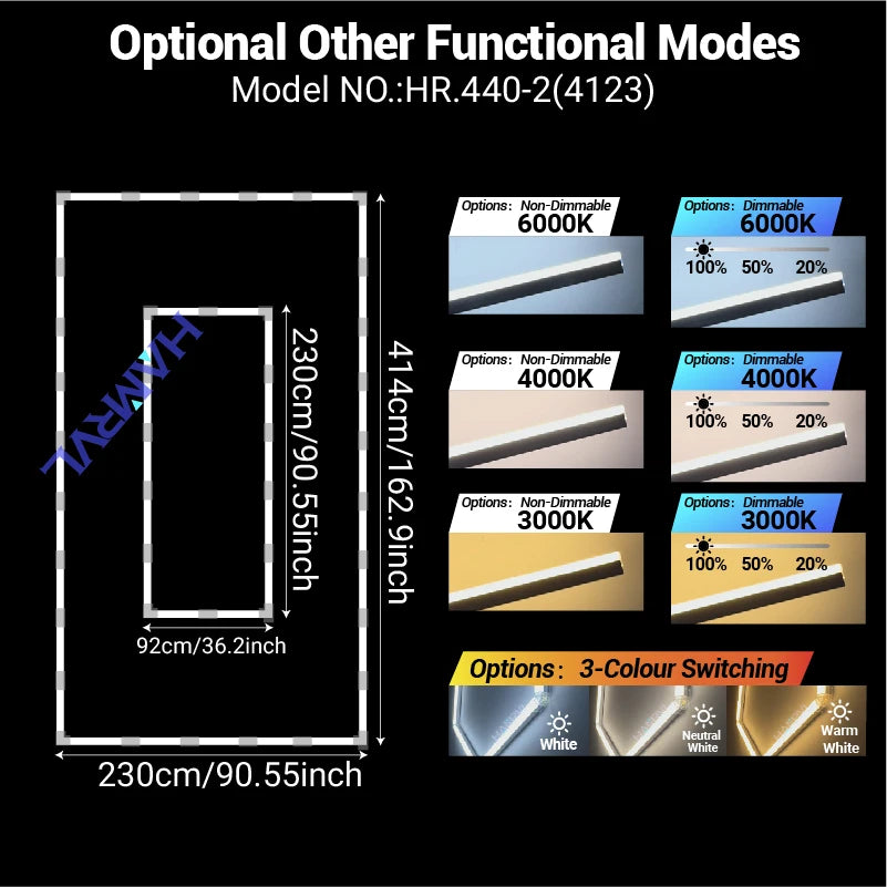 Rectangular LED ceiling light sizing diagram, 230cm x 92cm