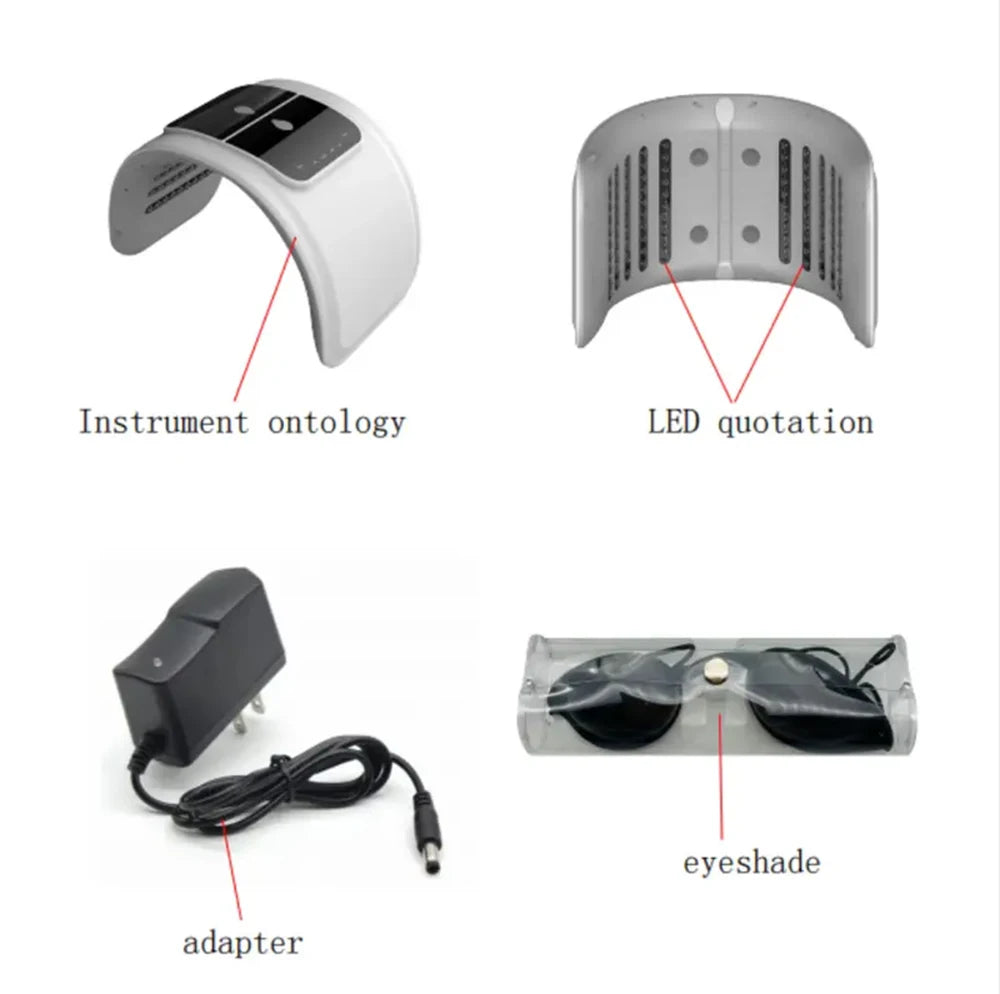 White arched LED facial therapy device with power adapter and protective black eye goggles in a clear case.
