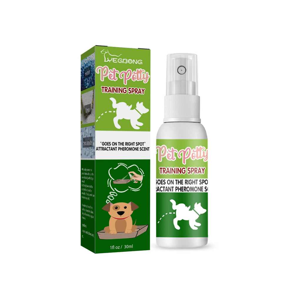 Pet potty training spray bottle with pheromone attractant to help puppies and dogs learn to use the right spot.