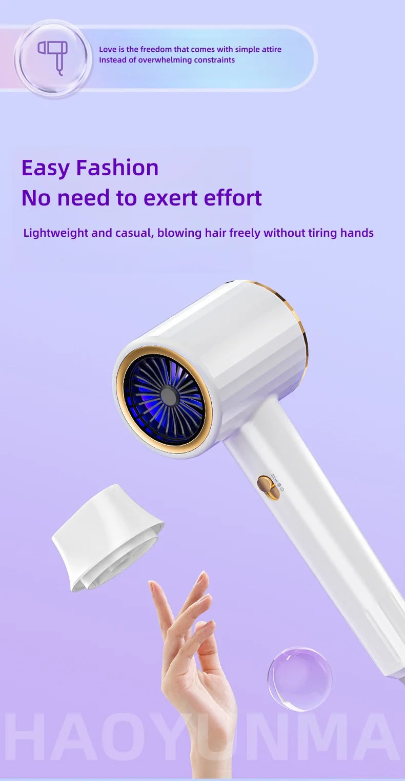 White 2400W ionic hair dryer with magnetic nozzle, blue light technology, and gold accents for fast salon-style drying.