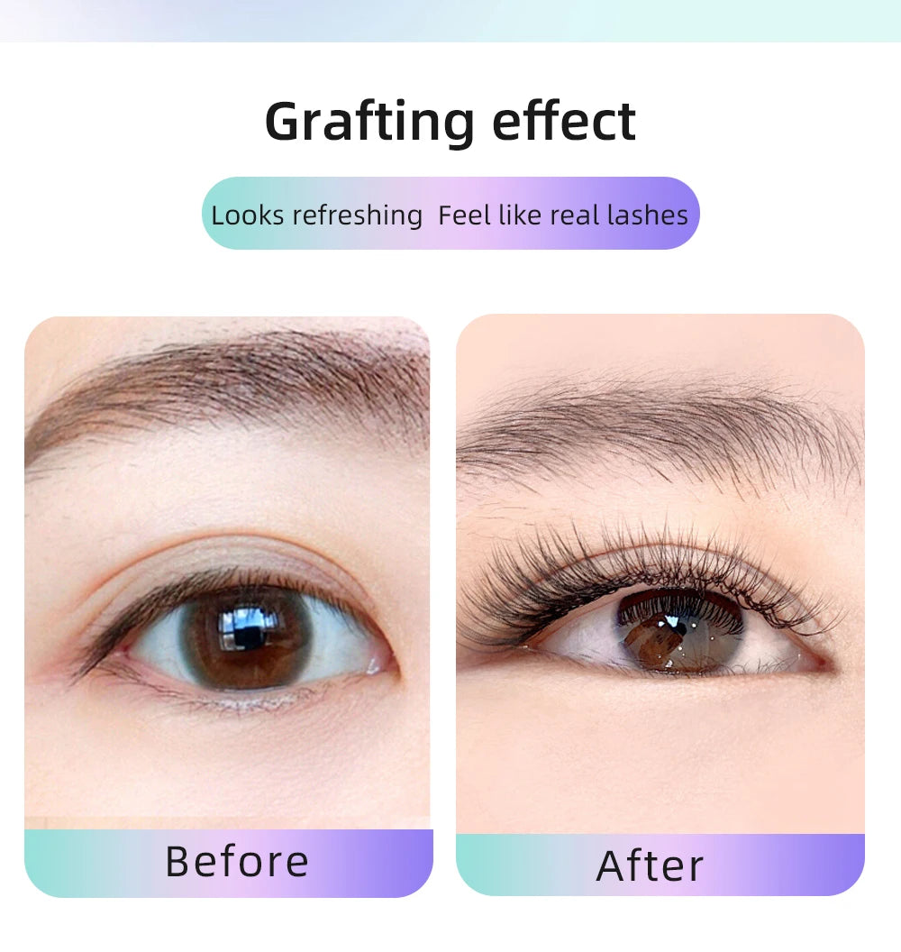Before and after comparison of dark brown 2D Y-shape eyelash extensions showing a natural, voluminous look.