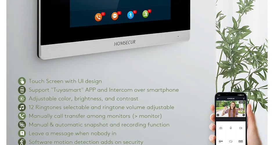 4 Wire WIFI Tuya Smart 7" Touch Screen Monitor BA15D-S Menu Motion Detection For HOMSECUR 1080P Video Doorphone Intercom