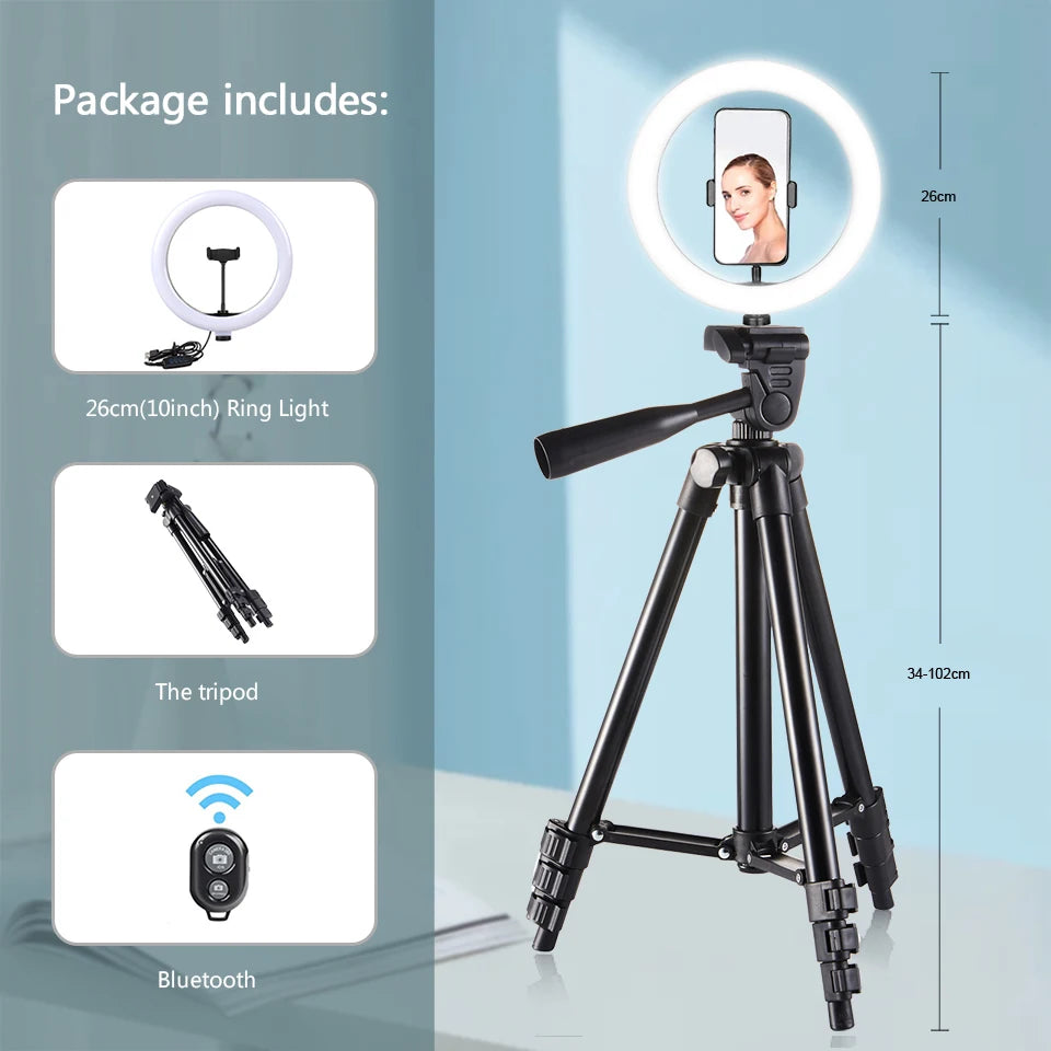 10-inch ring light on a black adjustable tripod stand with phone mount and Bluetooth remote for photography and video.