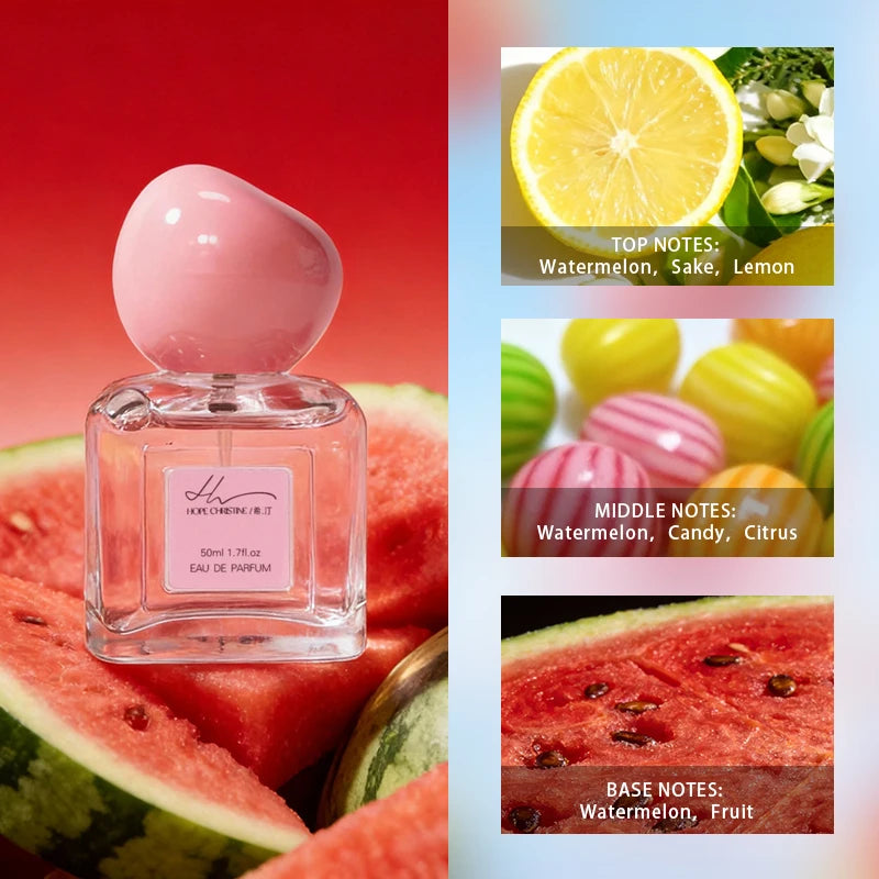 Hope Christine Watermelon EDP for women: 50ml square bottle with pink cap, fresh fruity scent with lemon & candy notes.