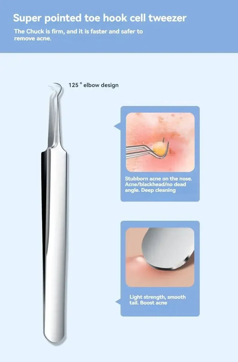 Silver, pointed 125-degree elbow acne extraction tweezer, shown in use on skin in instructional diagrams.