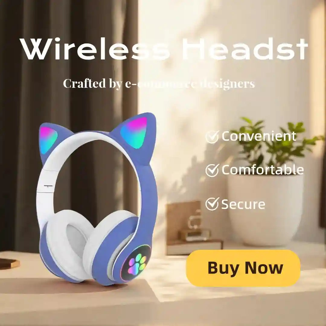 Wireless Over-Ear Cat Headphones with Low Latency Audio - Tidesmit Blue Tidesmit
