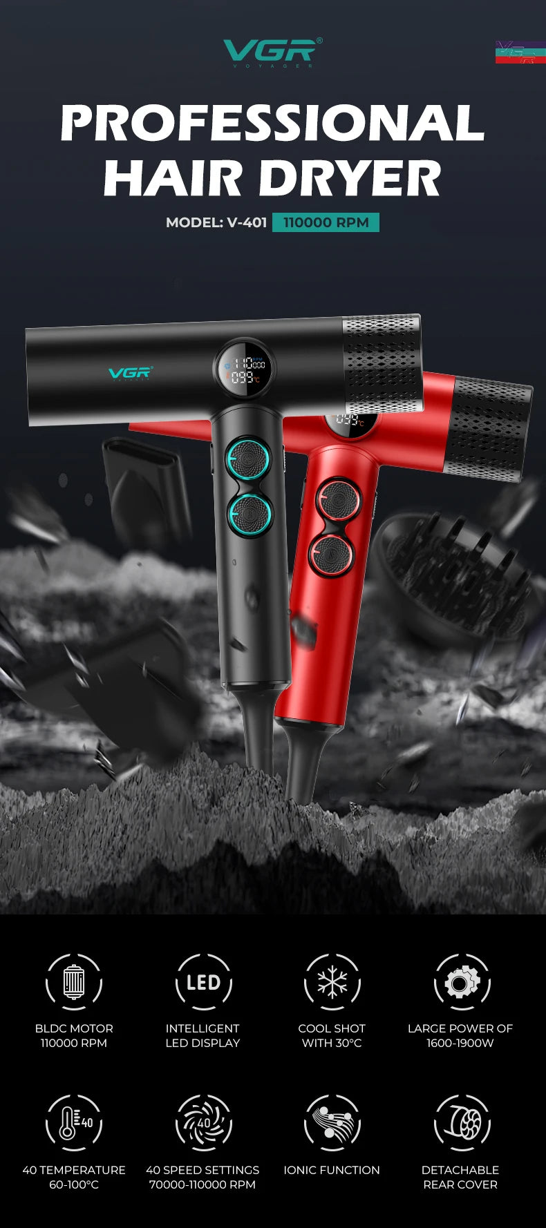 VGR V-401 professional BLDC hair dryer with LED display, attachments, and negative ion tech in black and red colors.