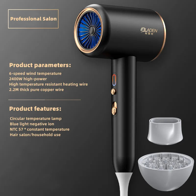 Black 2400W high-speed professional hair dryer with blue light negative ion, styling nozzles, and sleek gold accents.