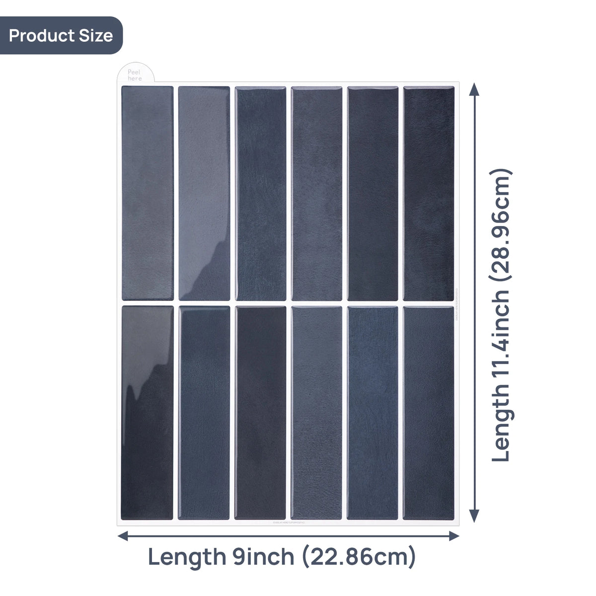 Mosaic tile sticker size diagram: slate blue sheet, 9 in length and 11.4 in width