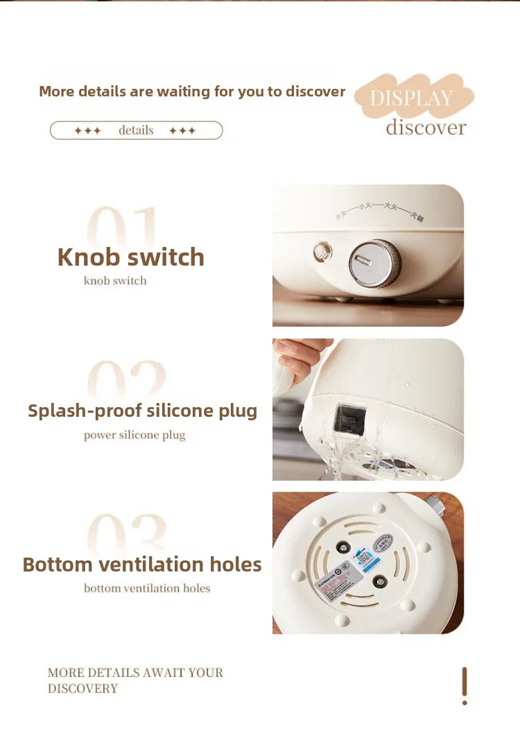 White electric hot pot showing control knob, vent holes, and splash-proof plug