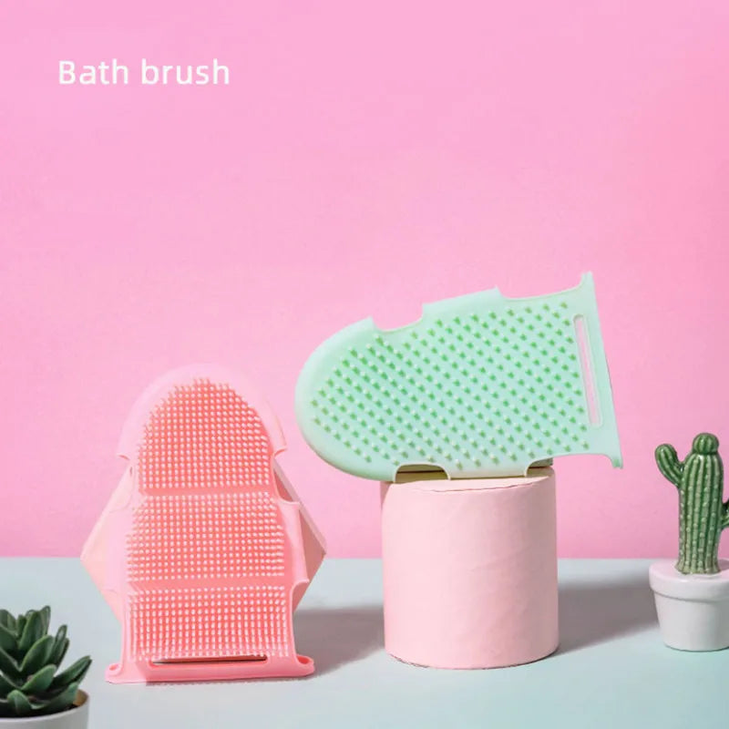 Pink and green silicone pet bath brush gloves for gentle massage, shedding, and body scrubbing.