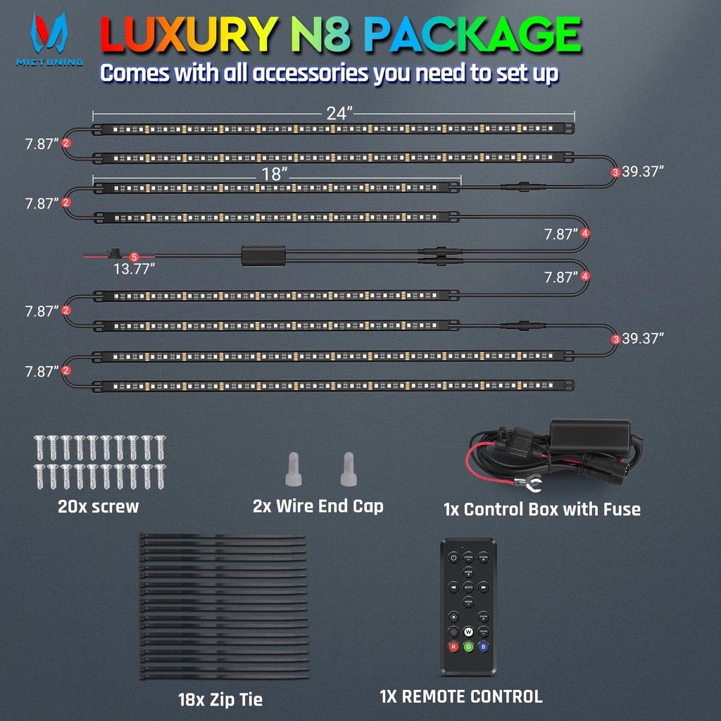 N8 LED strip light kit with control box, remote, screws, and zip ties for vehicle accent lighting installation.