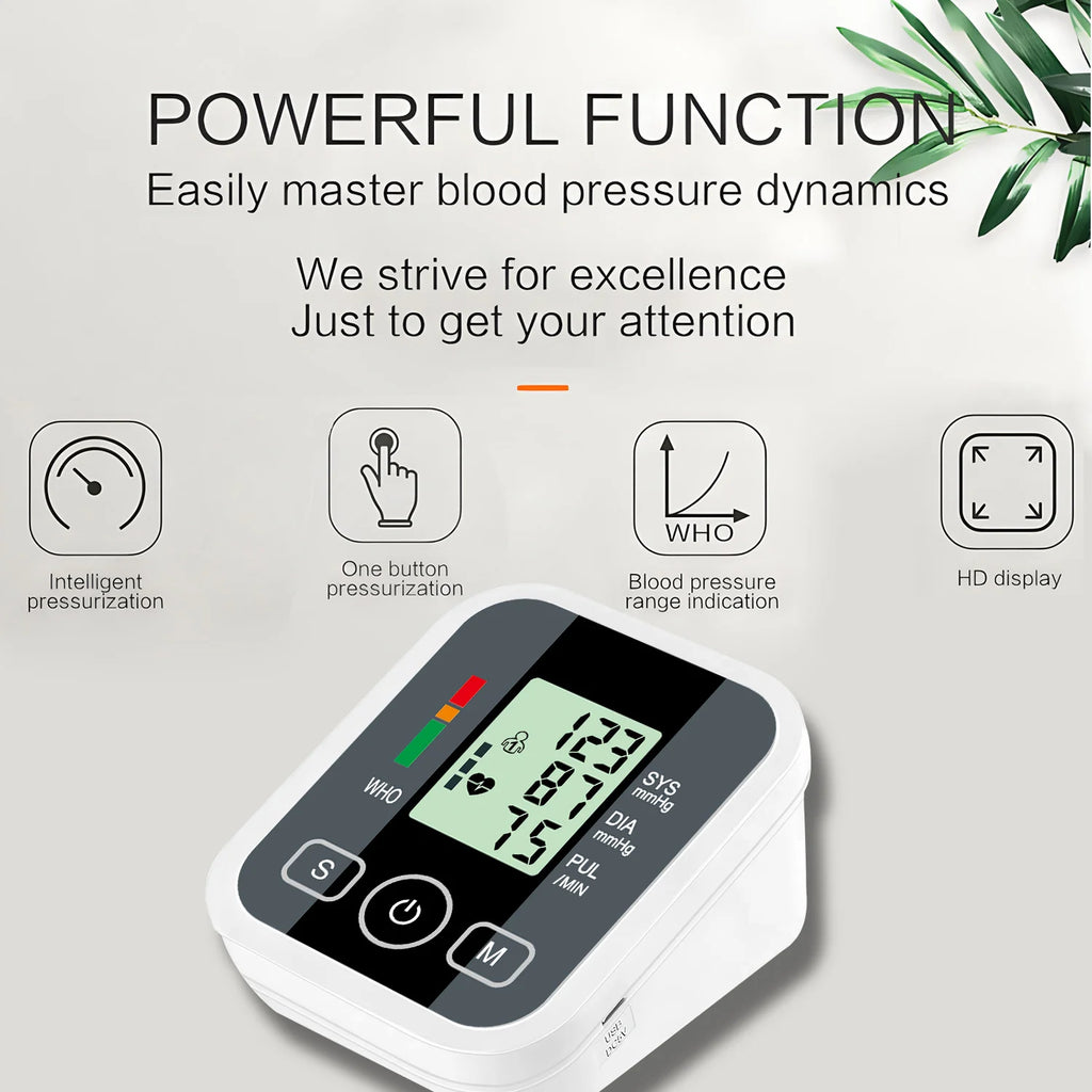 Automatic Upper Arm Blood Pressure Monitor Digital Sphygmomanometer Tensiometer Pulse Heart Rate Health Meter