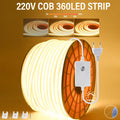 220V COB LED Strip with Switch /Dimmable Waterproof 360LED Strip EU Plug for Outdoor Indoor Room Backlight Garden Kitchen TV