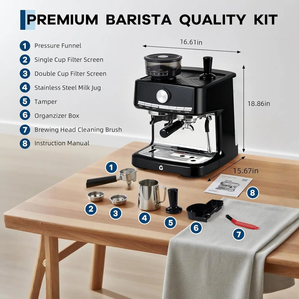 Black premium espresso machine kit with grinder, stainless steel milk jug, and accessories, 18.86 inches tall.