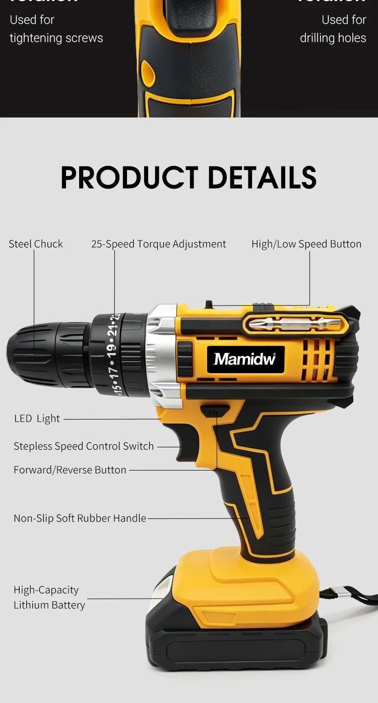 Mamidw Brushless Electric Drill, Ergonomic Design, Durable Structure, Compact Design, Sturdy Construction, Drilling Machine, Electric Drill, Comes with a Complete Tool Set, Compatible with Makita 18V Battery PIN.