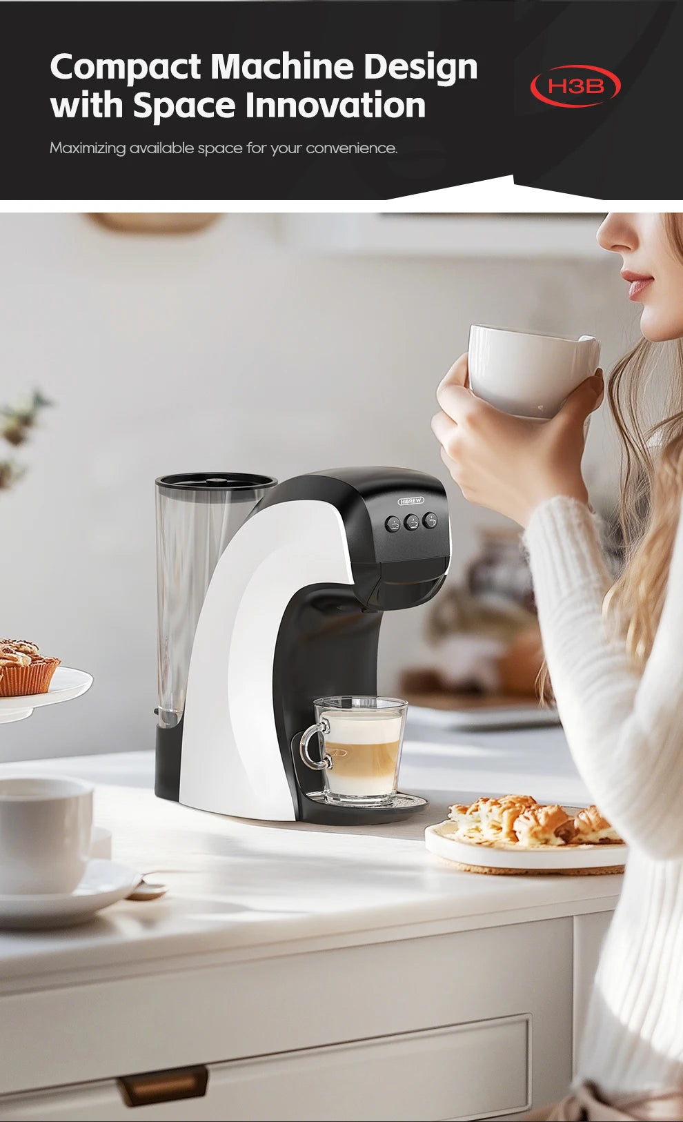 H3B compact white and black coffee maker with clear water tank, brewing a latte in a modern kitchen setting.