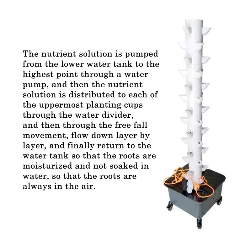 Vertical hydroponic tower planter kit with pump and water tank, ready for nutrient flow