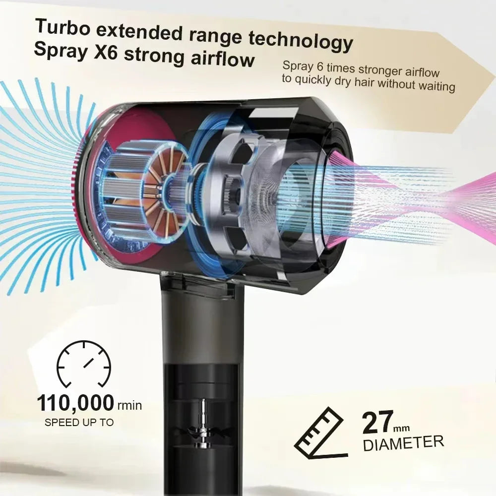 High-speed black negative ion hair dryer with blade-less motor technology for fast, silent professional drying.