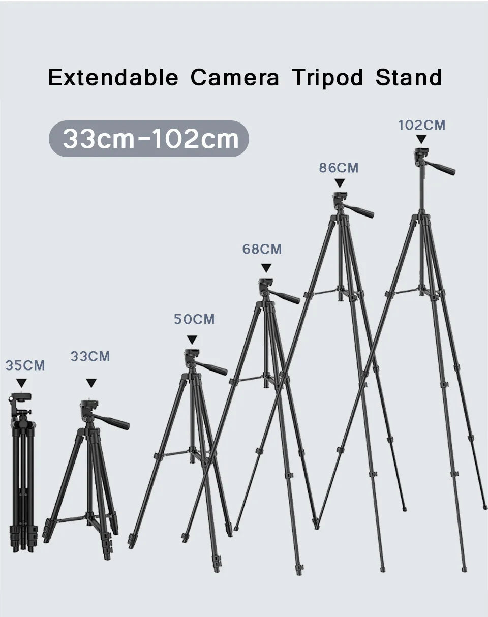 Black extendable camera tripod stand that adjusts from 33cm to 102cm for photography and video support.