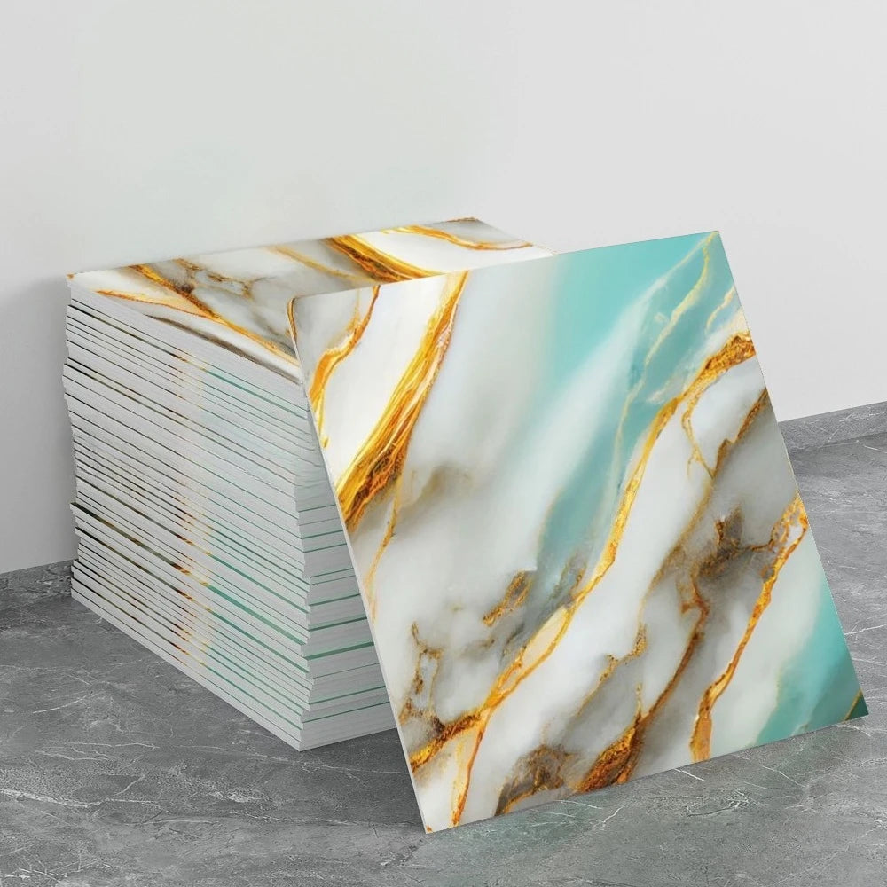 Peel-and-stick marble backsplash panel, white with teal tone and gold veining