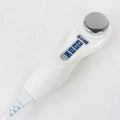 Portable white handheld ultrasound therapy device with metallic head for physiotherapy and home pain relief massage.
