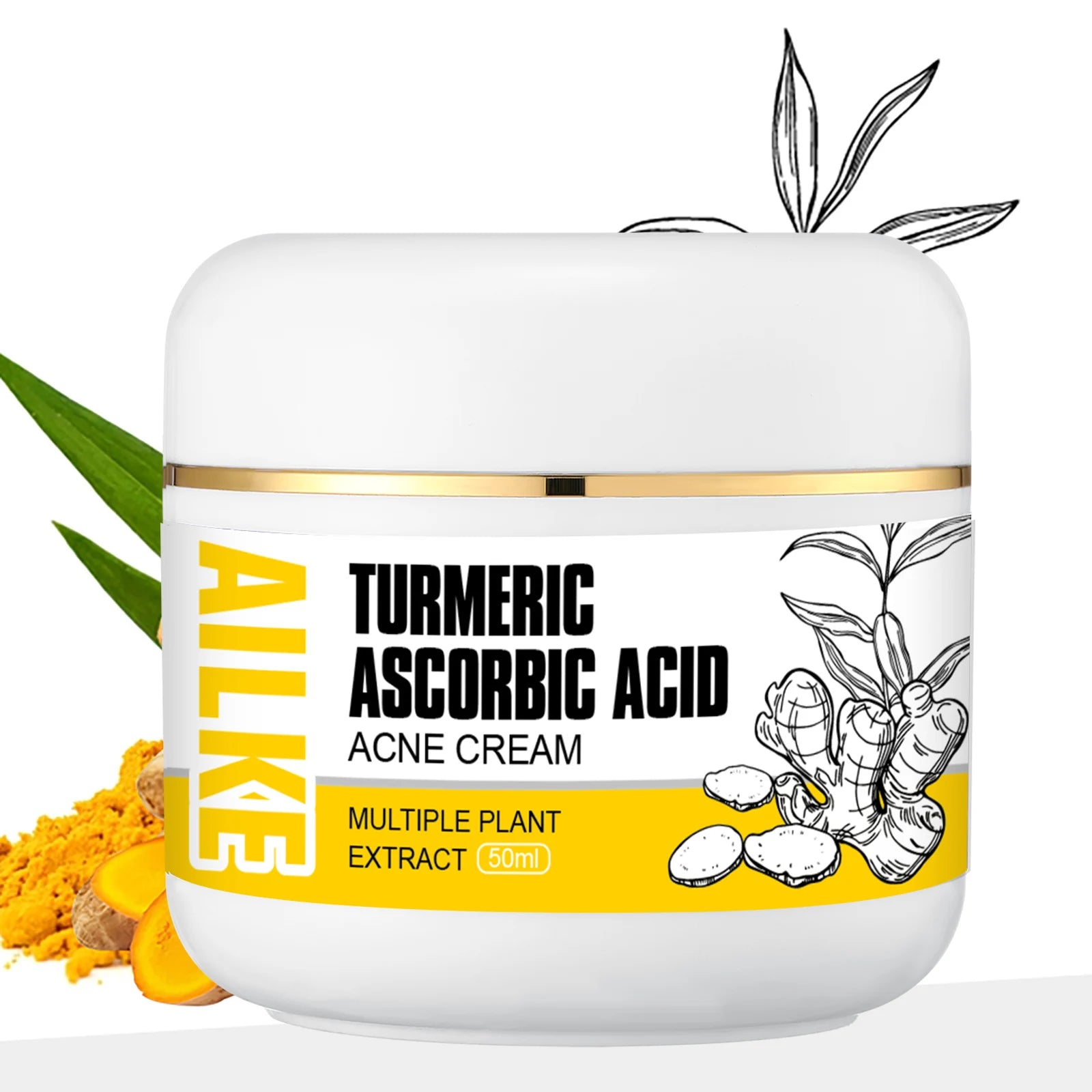 Turmeric ascorbic acid acne cream jar, white container with gold trim