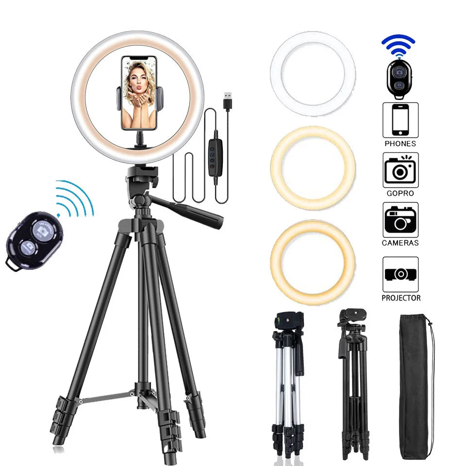 Black LED ring light with phone holder, tripod stand, and remote for photography, video recording, and live streaming.