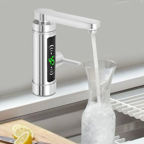 Stainless steel electric faucet water heater pouring water, showing LED temperature panel