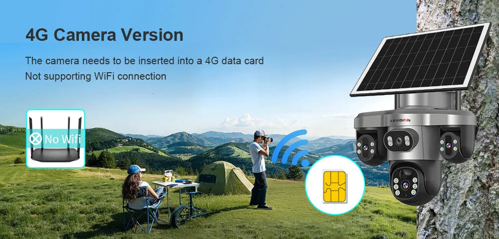 LS VISION 4G / WiFi Solar Camera 3Lenses Outdoor 15MP 4K Low Power Battery IP Camera PIR Night Vision V380 Pro CCTV Security