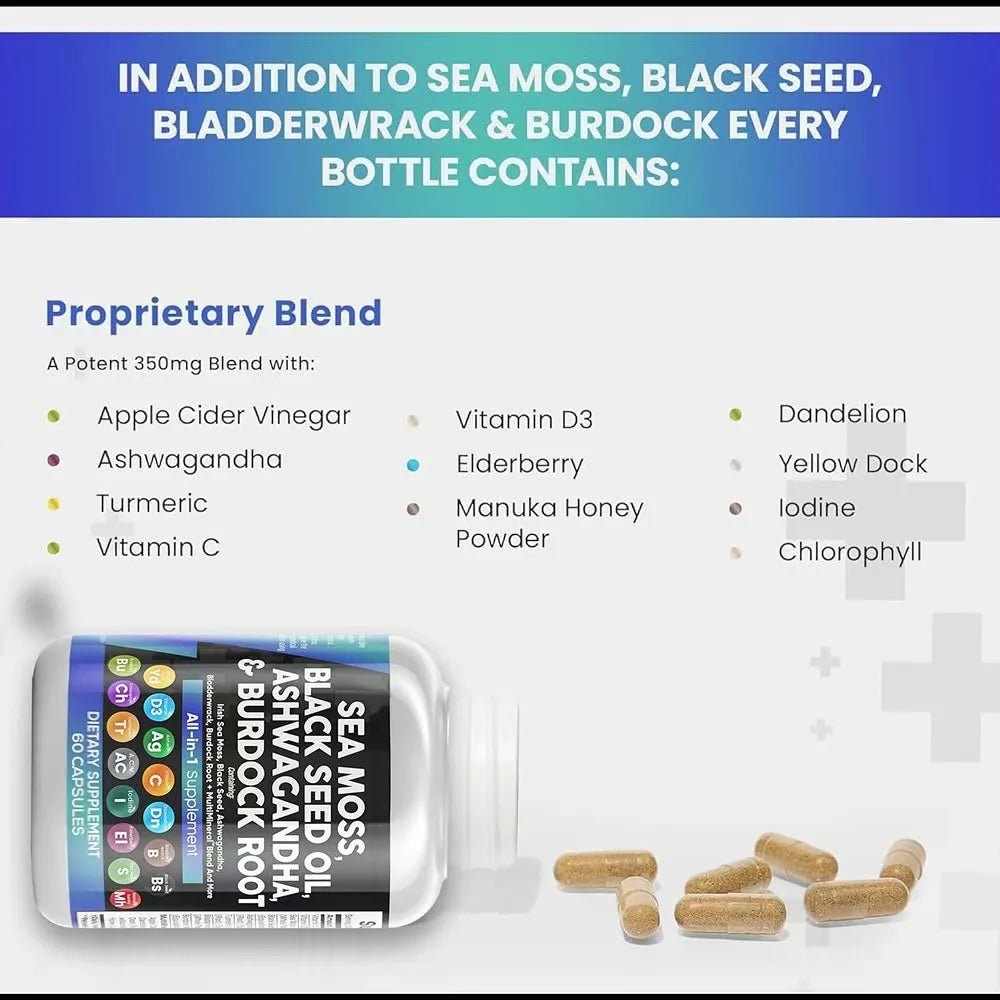 Sea Moss 3000mg Black Seed Oil Capsules Ashwagandha SHILAJIT Ginseng Chlorophyll for Women & Men Boosting Bone Skin Health