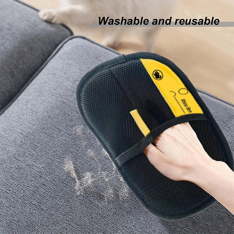 Reusable electrostatic pet hair removal glove (black/yellow) for easy fur cleaning on cat and dog furniture.