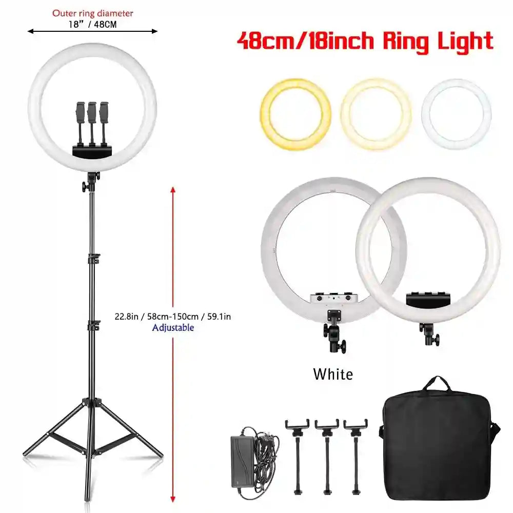 18-inch LED ring light with adjustable tripod stand, three phone holders, power adapter, and a black carrying bag.