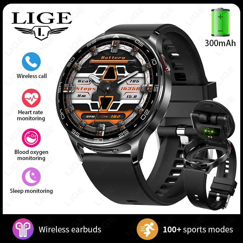 Black smartwatch with black silicone strap and wireless earbuds in charging stand